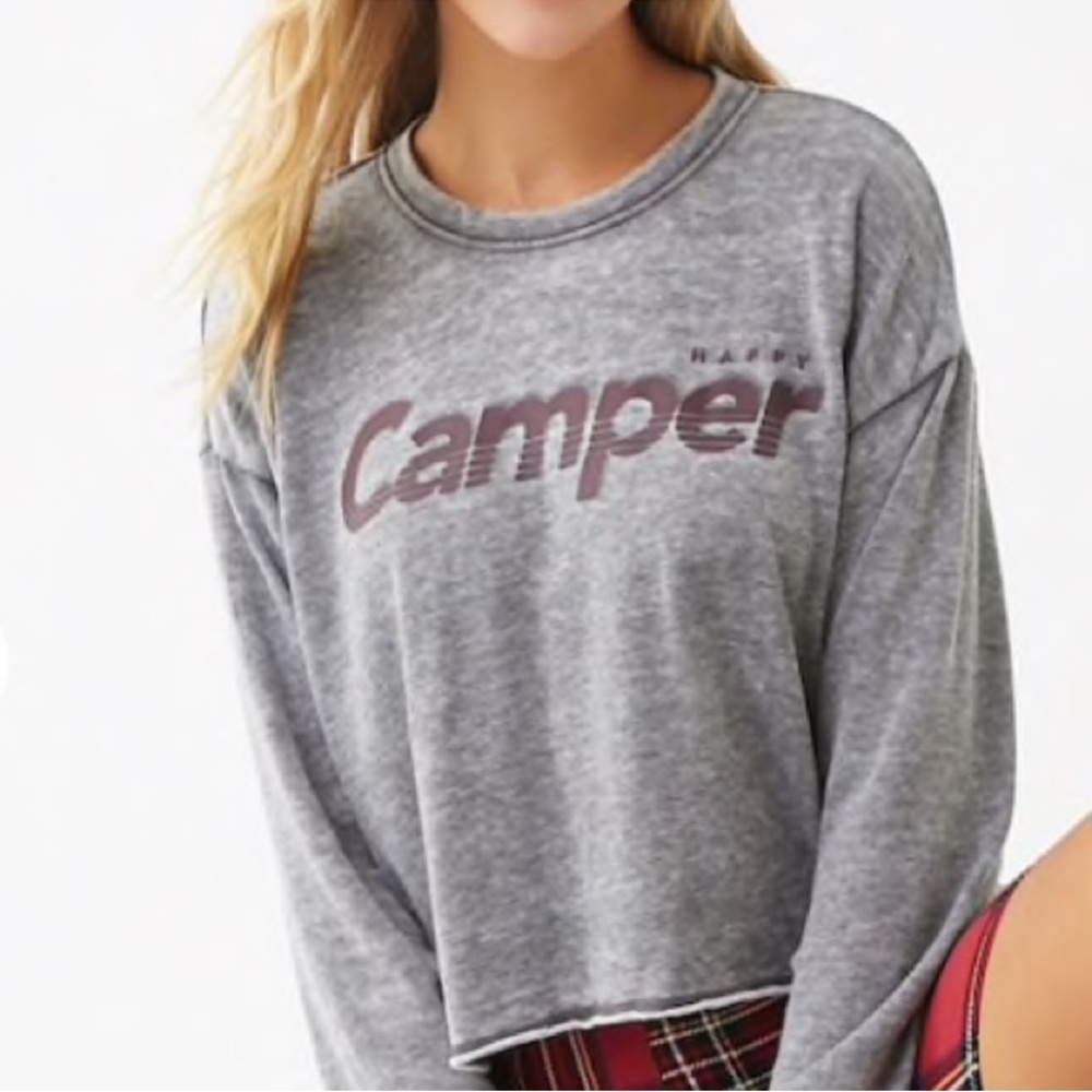 NWT Forever 21 Happy Camper Burnout Long Sleeve Cropped Shirt Medium